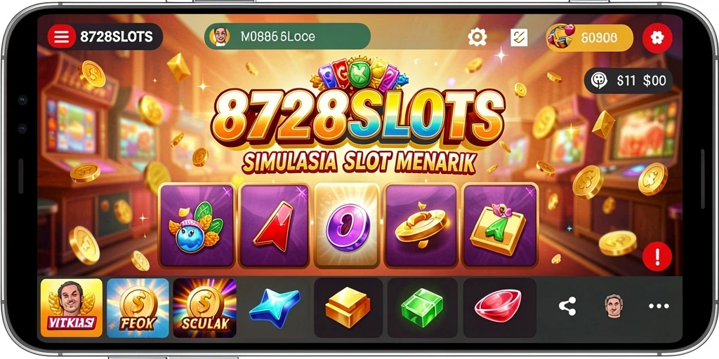 Screenshot gameplay menarik 8728SLOTS dengan mesin slot yang berwarna-warni.