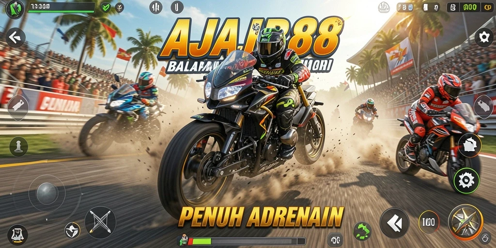 Screenshot menampilkan aksi balapan motor yang cepat dan mendebarkan.