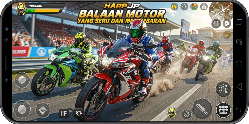 Tampilan gameplay balapan motor yang mendebarkan di HARAPJP.