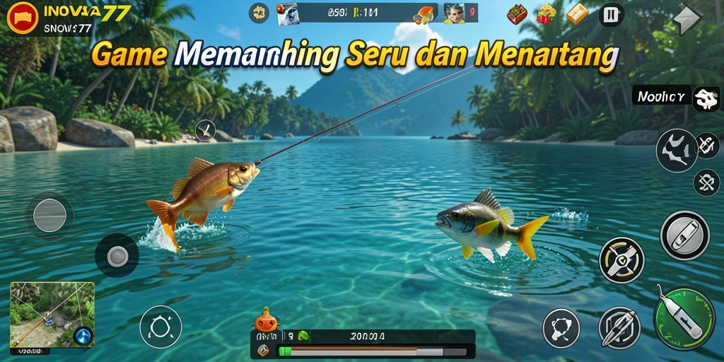 Tampilan gameplay memancing yang menarik dan penuh warna di INOVA77.