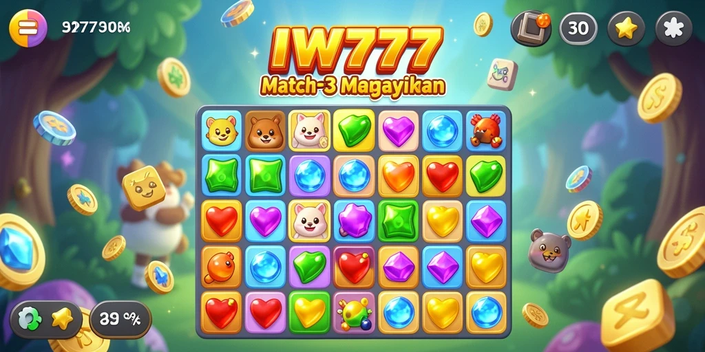 Tampilan gameplay IW777 dengan berbagai permata berwarna-warni.