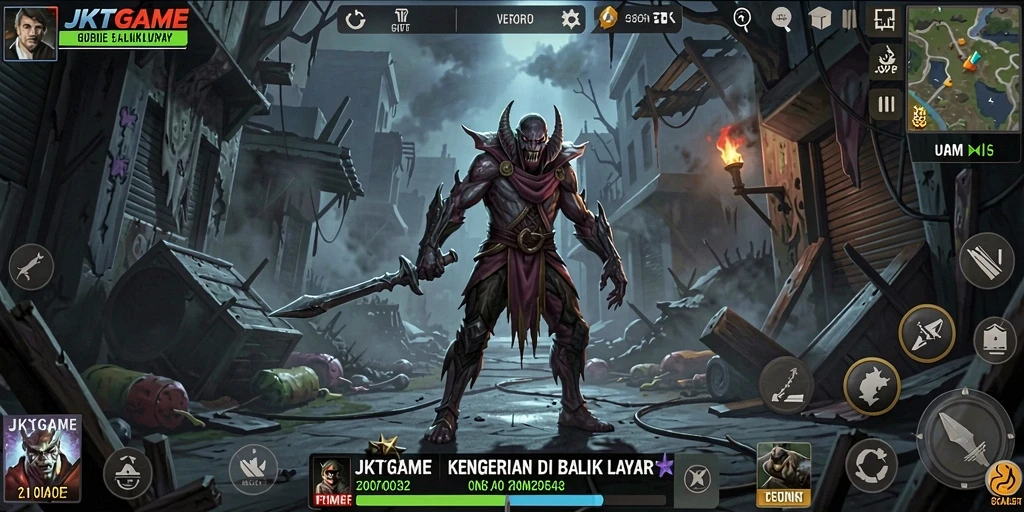 Gameplay JKTGAME menampilkan suasana mencekam dan makhluk menyeramkan.