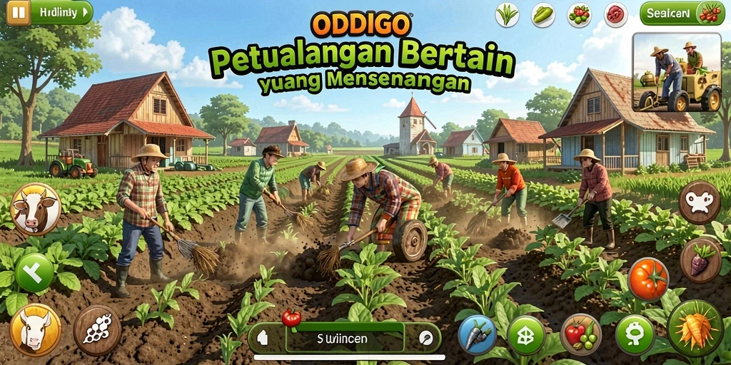 Tampilan gameplay ODDIGO dengan suasana pertanian yang cerah.