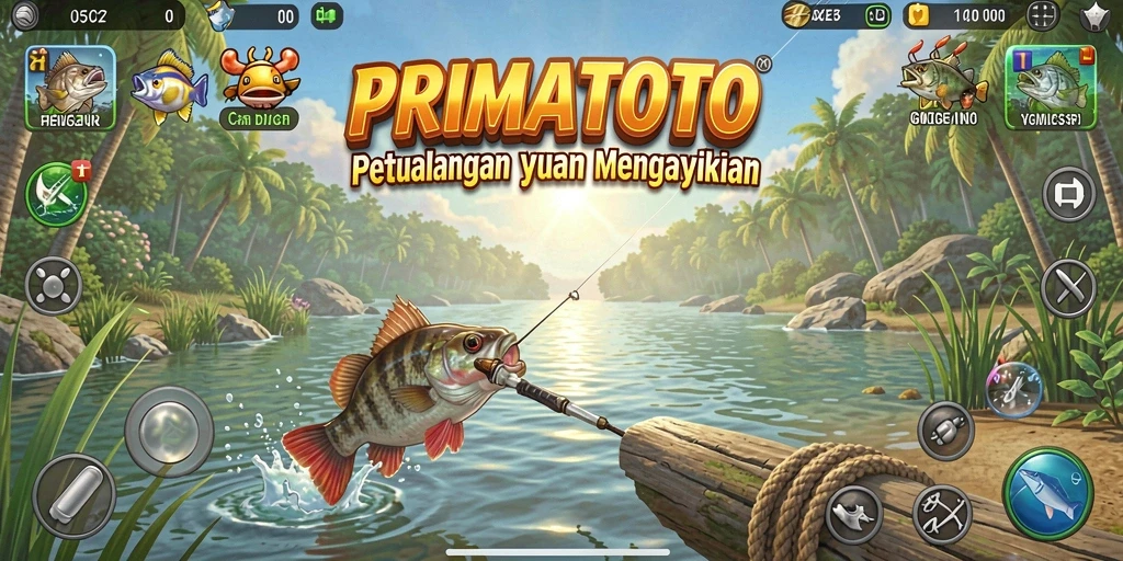 Screenshot gameplay PRIMATOTO yang menampilkan aksi memancing yang menegangkan.