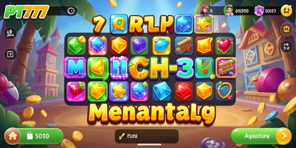 Tangkapan layar utama PT777 menampilkan gameplay Match-3 yang seru.