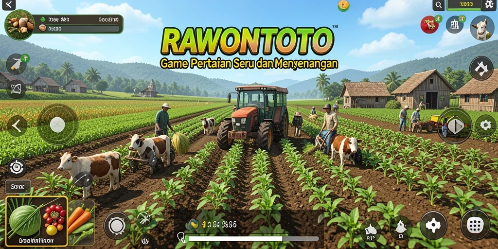 Screenshot gameplay RAWONTOTO yang menunjukkan petani sedang merawat tanamannya.