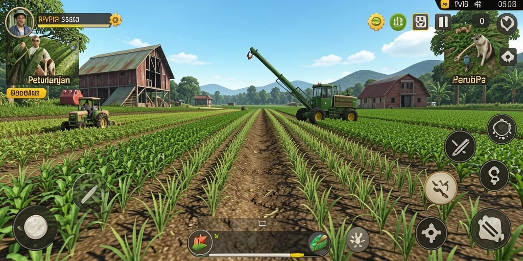 Tangkapan layar gameplay RPVIP3 dengan suasana pertanian yang indah.