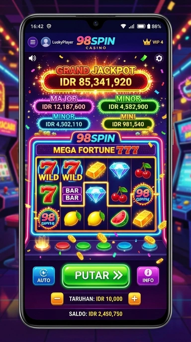 Tampilan utama aplikasi 98spin yang sederhana dan informatif.